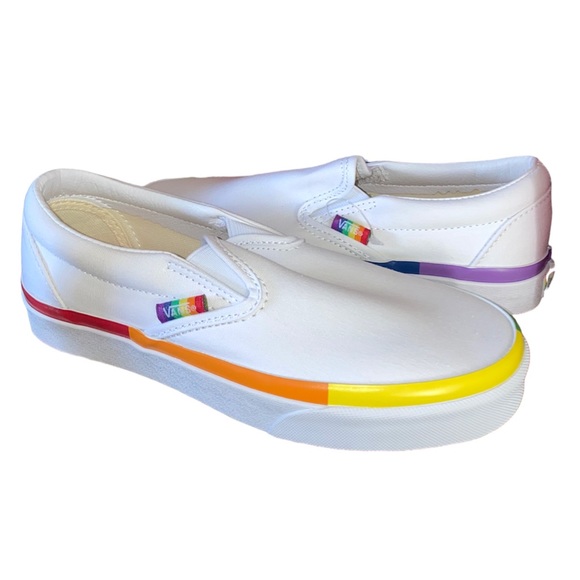 Vans Shoes - VANS White Classic Slip-On Canvas, Rainbow Women's Size 6 or 6.5